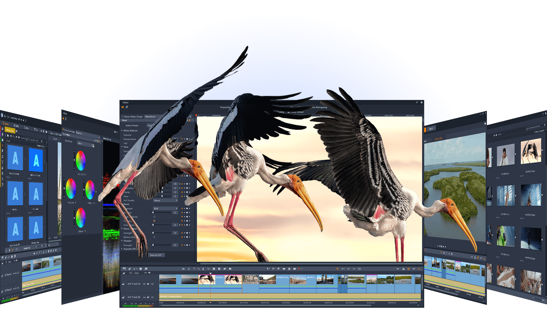 Pinnacle Studio Ultimate editing interface with color controls, titles, and a video timeline